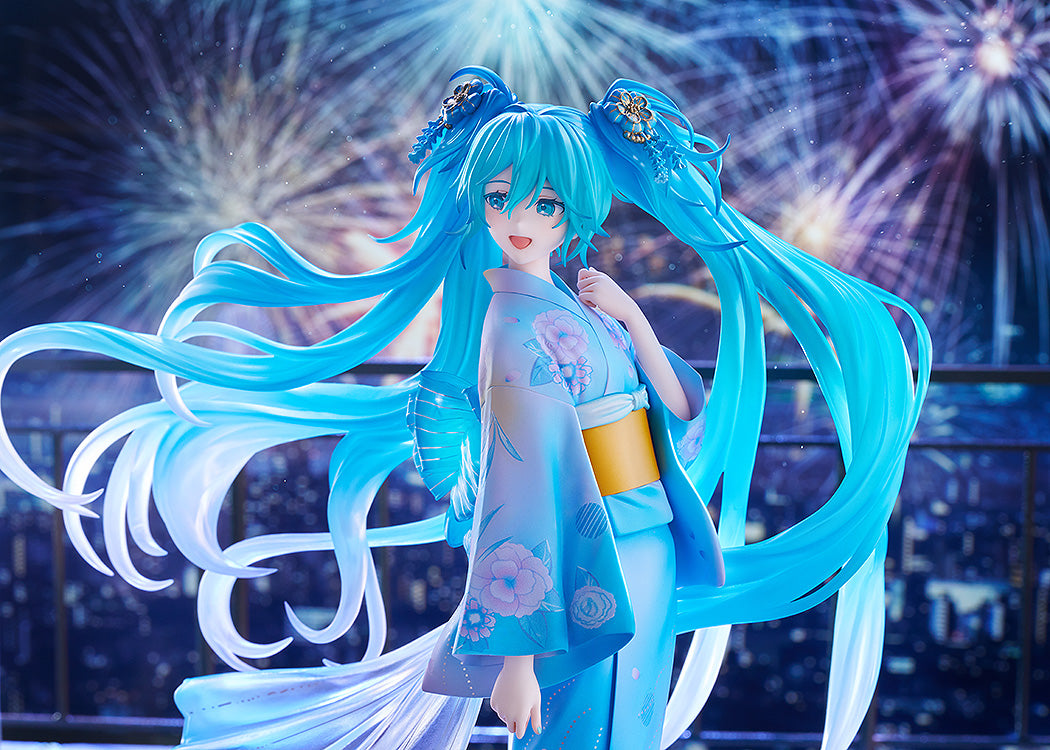 Close-up rambut transparan dan bagian obi Hatsune Miku Music & Fire Works Ver.