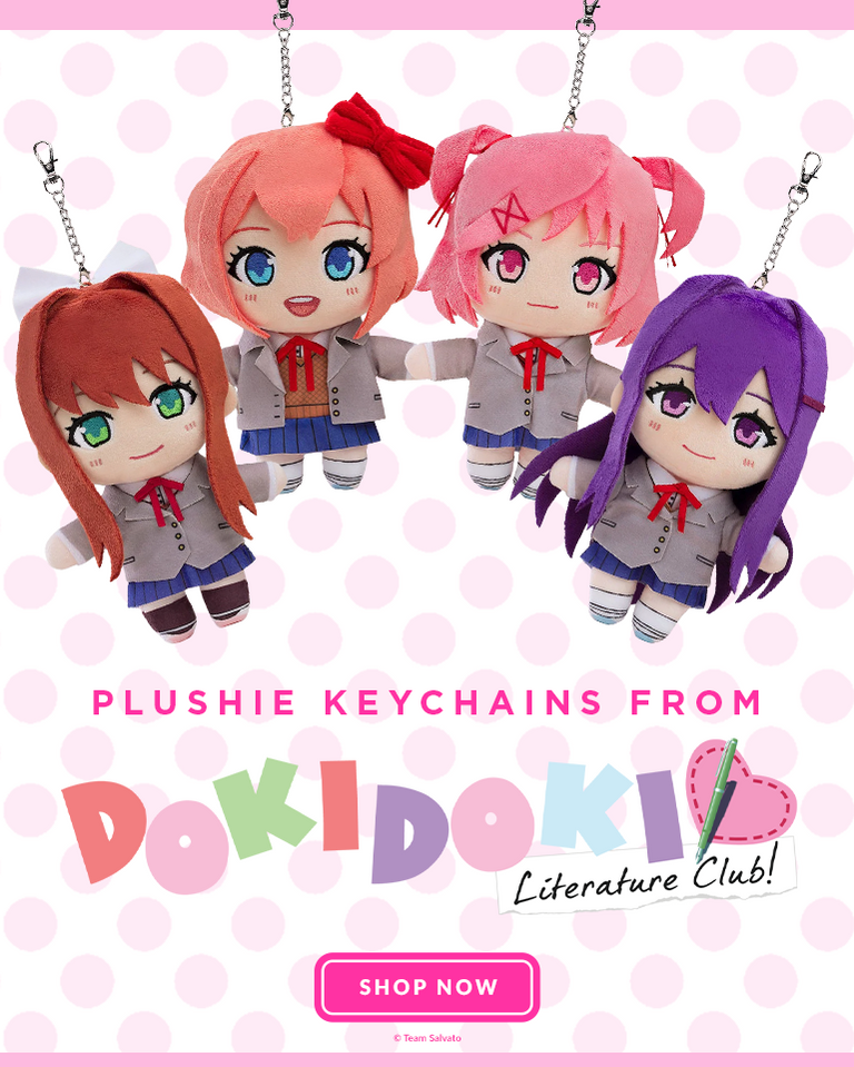 Doki Doki Literature Club plushie keychains of Monika, Sayori, Natsuki and Yuri from Good Smile Company