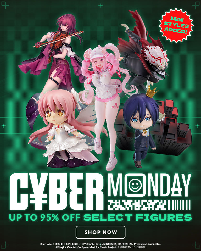 Good Smile Company U.S. Cyber Monday Sale banner featuring discounts on anime figures, Nendoroids, and collectibles for fans and collectors up to 95% off!